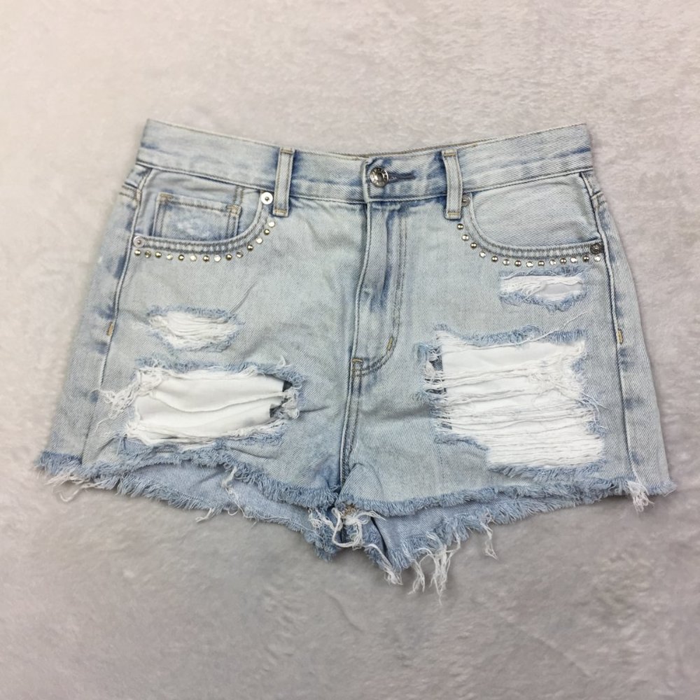 American Eagle Mom Shorts Size 2 Womans Distressed Light Wash High Rise Raw Hem